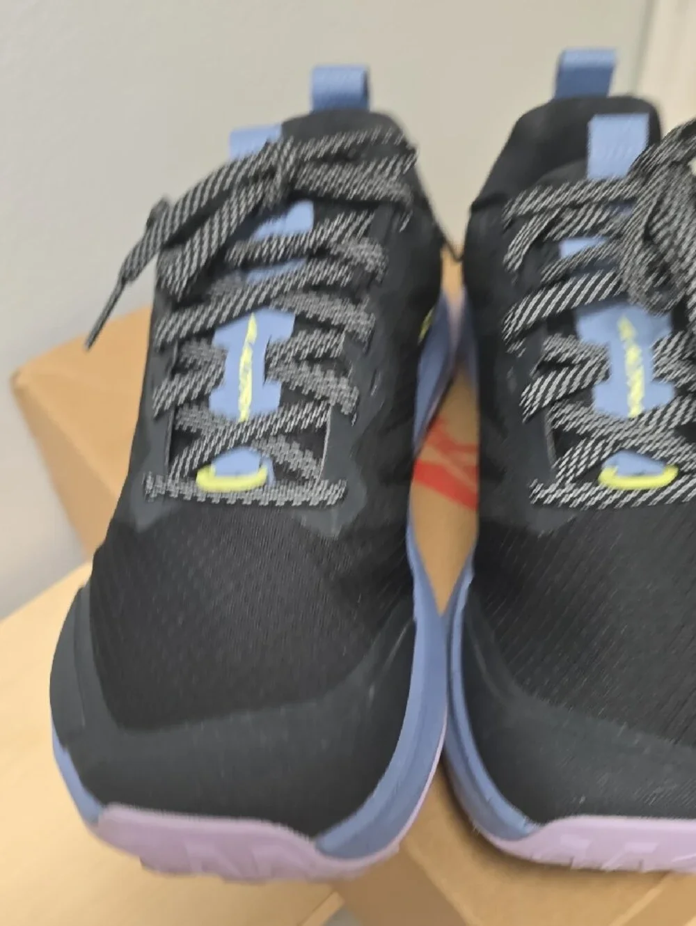 Altra Women's Lone Peak Black Trail Runners with Lavender and Yellow Size 7